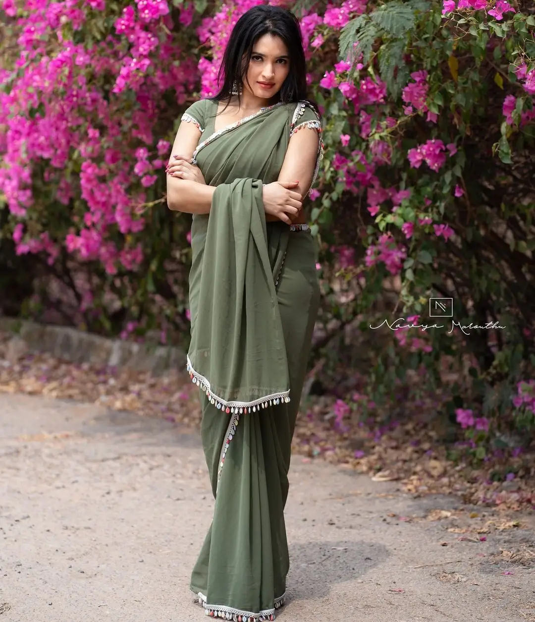 Rathika Rose Wearing Green Saree Sleeveless Blouse